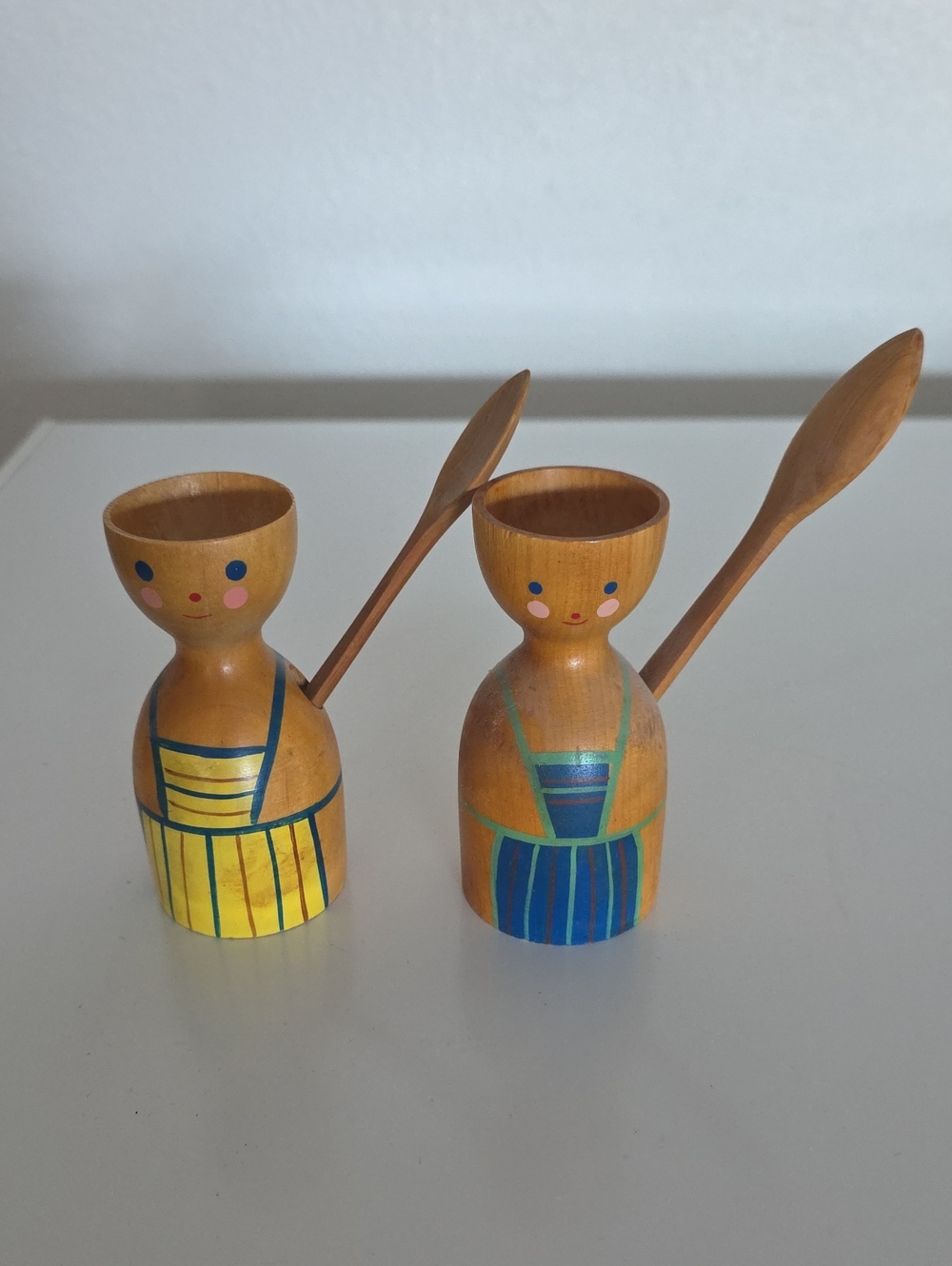 Vintage Swedish Hasbeens Wooden Egg Cups with Spoons - Yellow & Blue